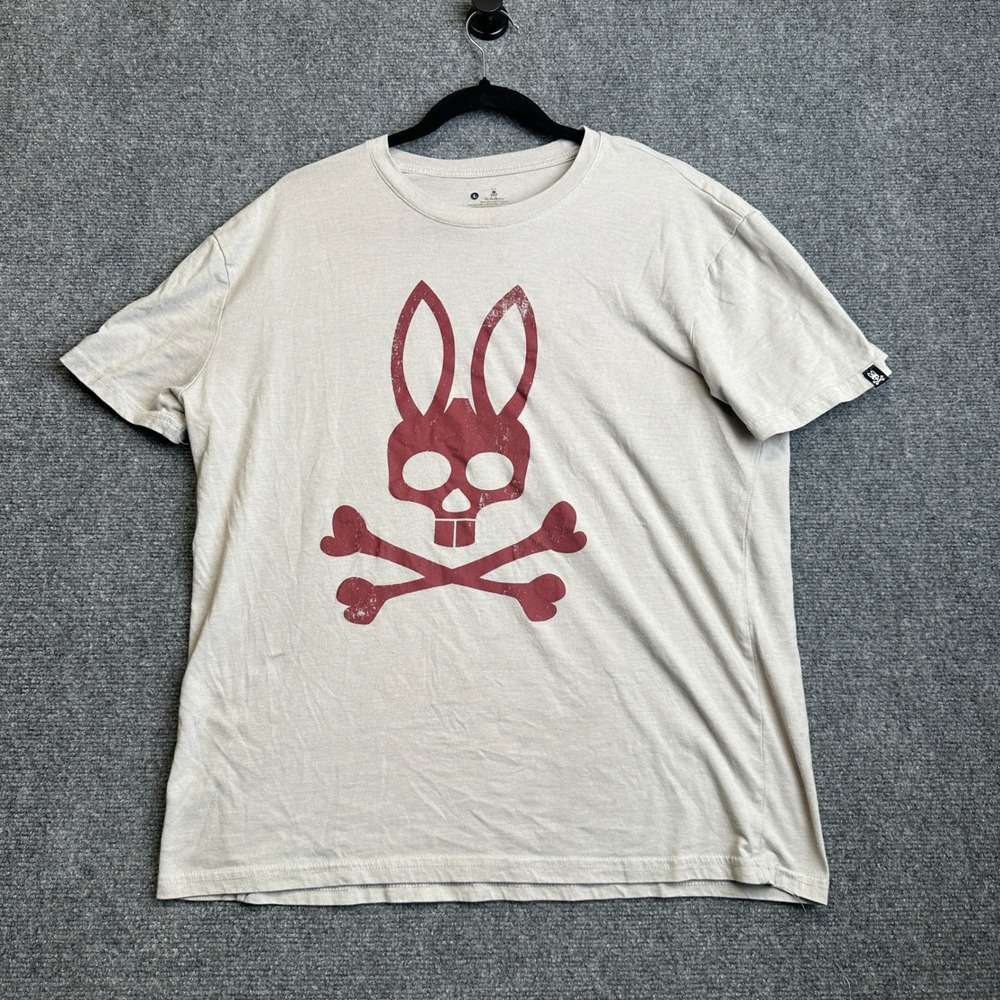 Psycho Bunnyβ Graphic T-Shirt Mens Large Beige Red Skull Crossbones Bunny Logo